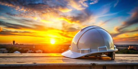 White and Yellow Safety Helmet on Construction Site Against Beautiful Sunset Sky Background