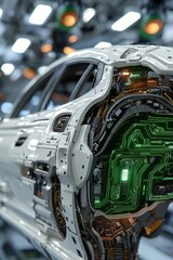 Fototapeta premium Close-up of a futuristic car chassis with complex circuitry and modern design elements.