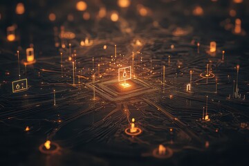 A futuristic digital network with a central processor highlighted. Illuminated data points and circuits symbolize advanced technology.