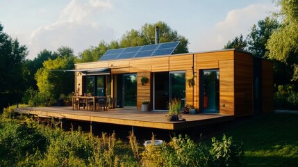 Fototapeta premium This is a sustainable home built with the environment in mind. It's a small, eco-friendly house that uses energy efficiently, making it a great option for people who want to live green.