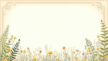 Obraz premium A charming pastel frame adorned with whimsical ferns and delicate wildflowers. The soft color palette and playful design create an inviting space, perfect for showcasing special moments or art.