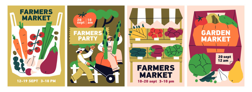 Farmers market poster set. Organic agriculture produce festival, natural eco vegetables fair with local farm food, inviting card designs. Fresh harvest store promotion. Flat vector illustration