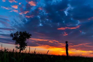 Obraz premium A silhouette of a person against a vibrant sunset sky with a lone tree.