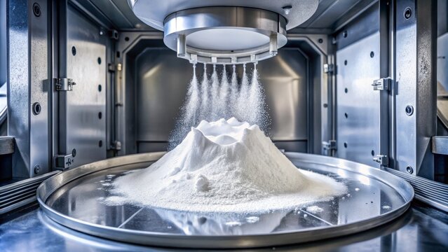 White Polyamide Powder in Open 3D Printer Chamber for Industrial Multi Jet Fusion Printing Technology