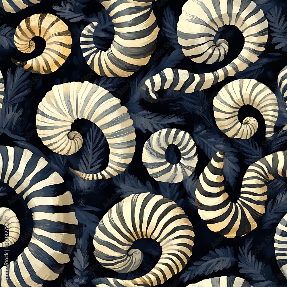 Poster captivating seamless design with nautical shells intertwined with fern elements