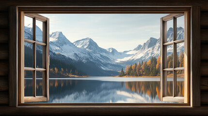 Serene view of snow capped mountains and tranquil lake framed by rustic cabin window, showcasing beauty of nature in Rocky Mountain National Park