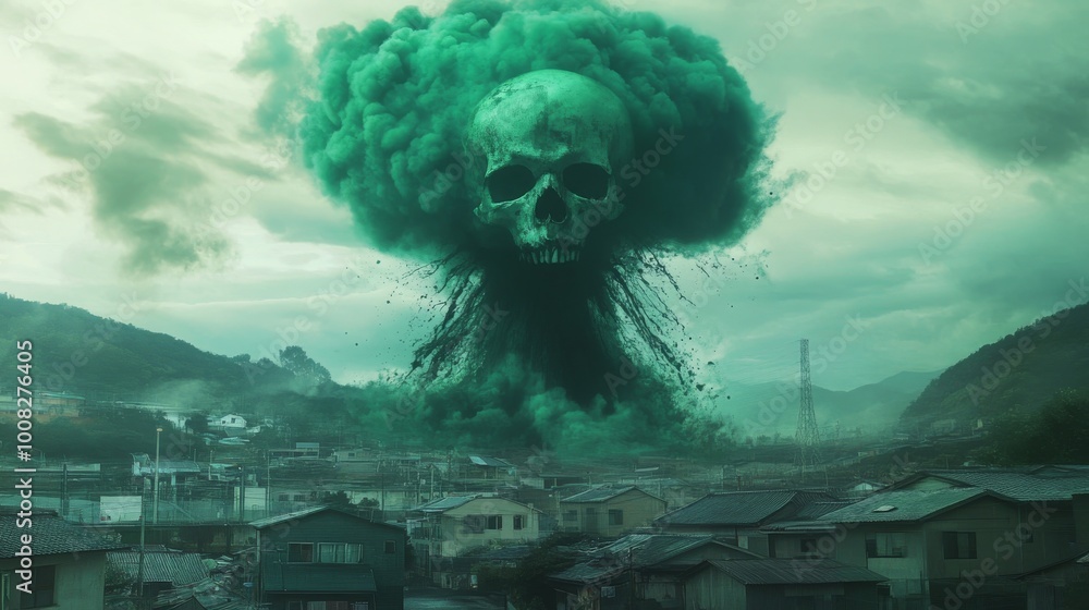 Poster a dark and ominous scene featuring a massive green cloud in the shape of a skull hovering over a qui
