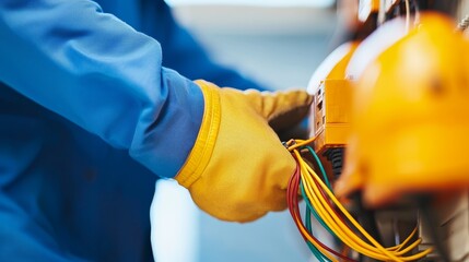 Electrician wearing gloves working on electrical equipment.