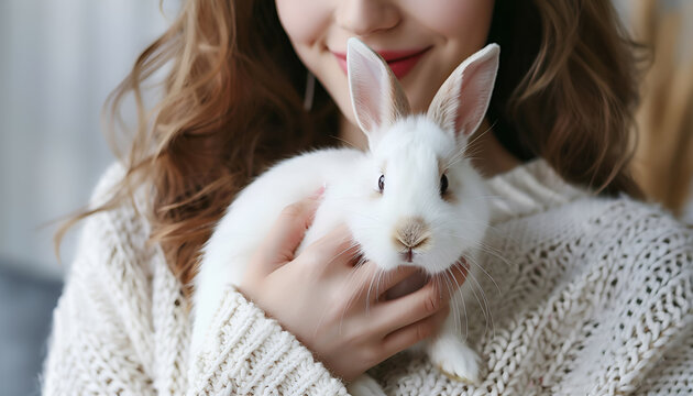 Young woman with adorable rabbit indoors, closeup. Lovely pet