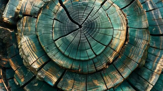 Closeup of a painted wooden tree ring with vibrant green and earthy tones, 4k footage