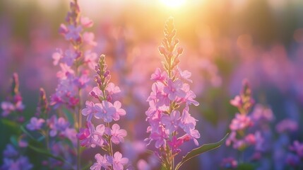 Fototapeta premium A field of pink flowers bathed in the golden glow of the setting sun.