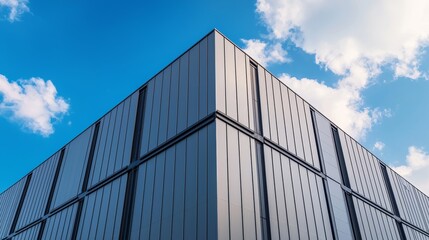 Modern building with metallic facade against a blue sky and clouds.