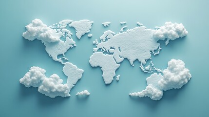 White 3D world map with clouds on a light blue background.