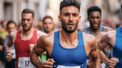 A group of athletes competing in a marathon, running through a city street, with crowds cheering them on.