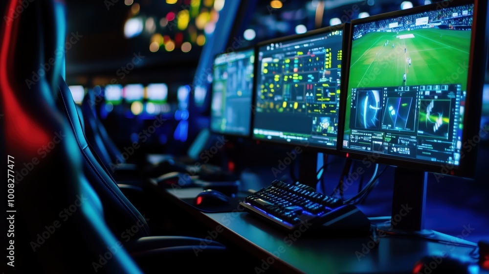 Poster high-tech betting station with multiple screens displaying live sports and data in a modern gaming e
