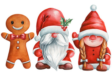 holiday gnomes, gingerbread. cute winter friends. Festive watercolor Christmas illustration for greeting card, poster
