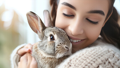 Naklejka premium Young woman with adorable rabbit indoors, closeup. Lovely pet