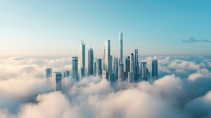 Skyline of a modern city above clouds during a blue sky.