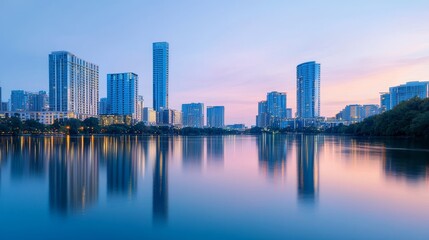 Fototapeta premium Skyline reflection at sunset, cityscape with modern skyscrapers near a tranquil lake.