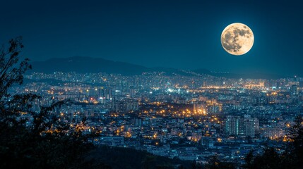 A full moon hangs over a cityscape, bathed in the glow of streetlights.