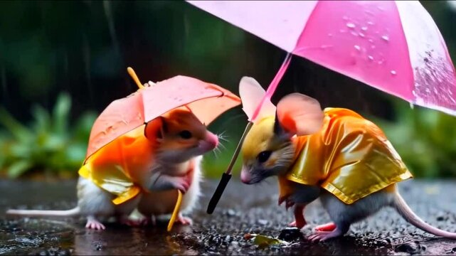 The rain pours down as two mice huddle under an umbrella, forming a scene of pure beauty and charm.