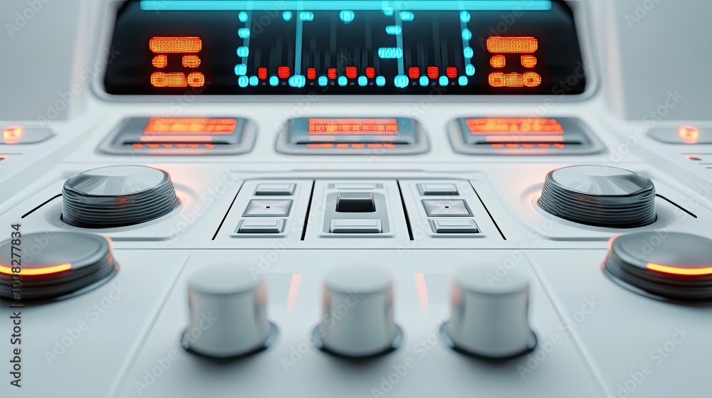 Poster white control panel with knobs, buttons, and digital display