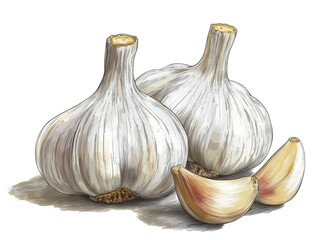 Obraz premium Hand-drawn garlic bulbs with cloves. Transparent background.