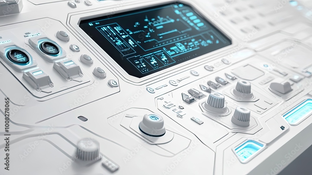 Poster futuristic control panel with display and knobs