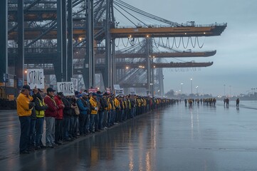 Longshoremen strike at docks in bad weather.