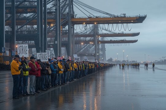 Longshoremen strike at docks in bad weather.
