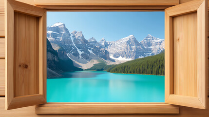 Stunning view of turquoise waters framed by wooden windows, showcasing majestic mountains and lush forests of national park. This serene landscape invites tranquility and awe