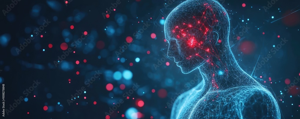 Poster a digital art representation of a human form with glowing neural connections, symbolizing technology