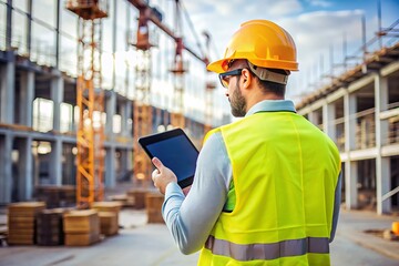 Worker in bright safety vest examining device at construction site for safety and monitoring purposes