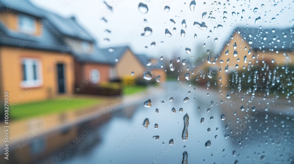Poster Raindrops cling to a window, creating a serene atmosphere as a suburban street fades into a soft blur in the background. The focus on water droplets adds texture and mood to the scene.. AI Generation