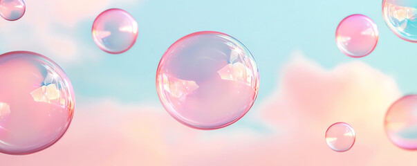 Colorful soap bubbles against a soft pastel background.