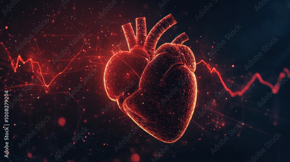 Canvas Prints red glowing heart-shaped object made of connected points and lines on a dark blue background.