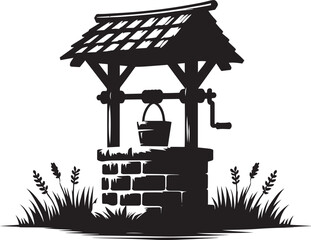 Village Water Well silhouette vector illustration isolated on a white background