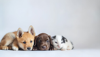 Fototapeta premium Collage with different animals, hamster, rabbit, cat, and dog on white background. Concept of animal, pet care, veterinary