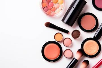 Makeup testing space with professional products and a variety of shades for all skin types, including blush