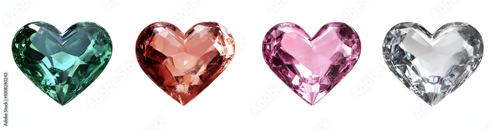 Poster set collection of beautiful realistic heart shape crystals in different colours isolated on transpar
