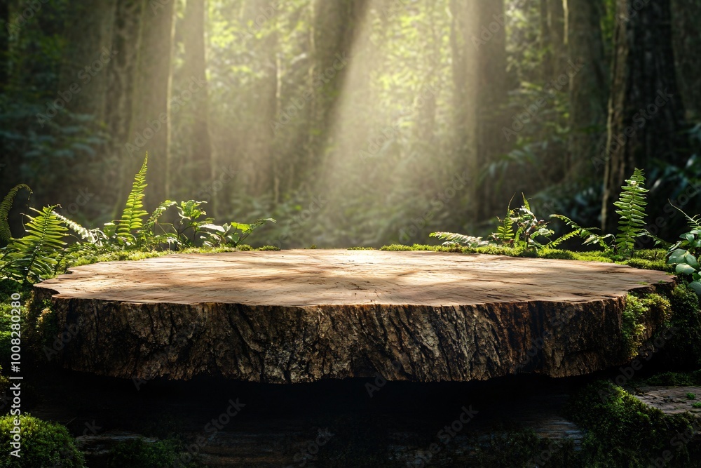 Poster tree stump in a forest with sunbeams breaking through the canopy.