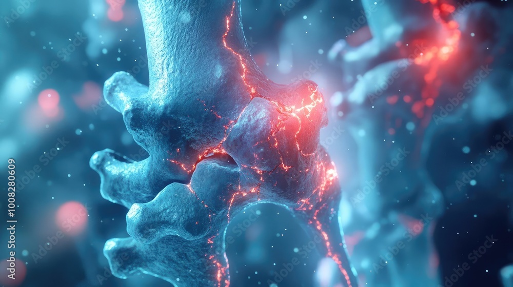 Poster close-up of a vibrant, illuminated joint structure showcasing intricate details and bioluminescent e