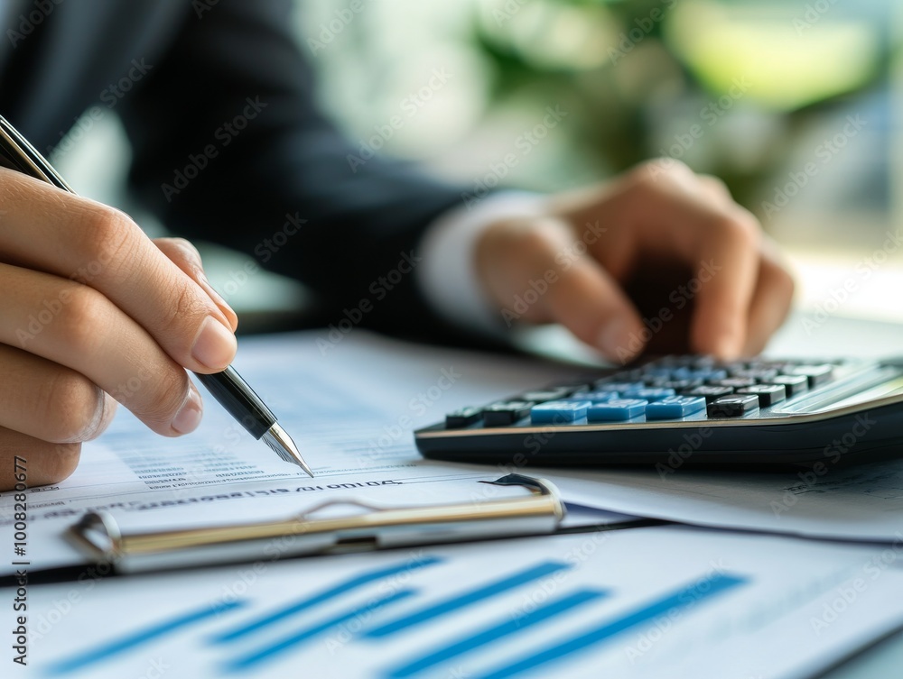 Aufkleber closeup businessman using calculator and reading document business data