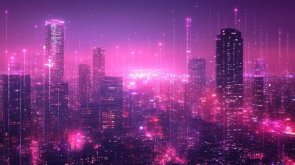 Fototapeta premium A futuristic cityscape at night with glowing pink lights and digital lines.