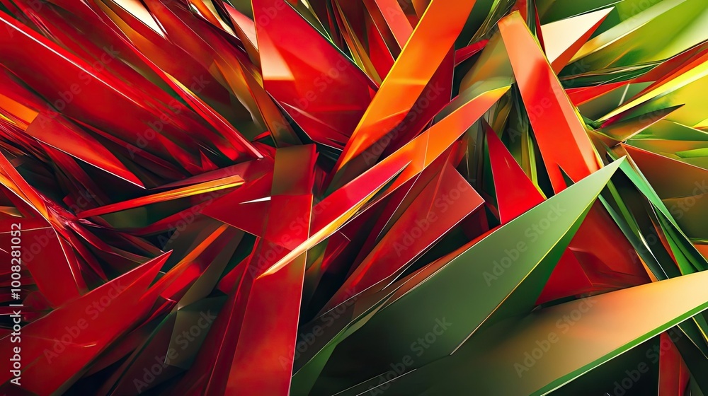 Poster vibrant abstract composition featuring sharp geometric shapes in red, green, and yellow, creating a 