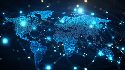 Obraz premium A light blue background with a digital world map and global network connections, 