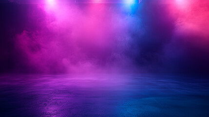 Fototapeta premium The dark stage shows, empty dark blue, purple, pink background, neon light, spotlights, The asphalt floor and studio room with smoke float up the interior texture for display products 