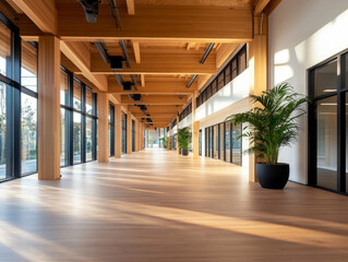 A modern mass timber office building with large open spaces and natural light streaming through windows.