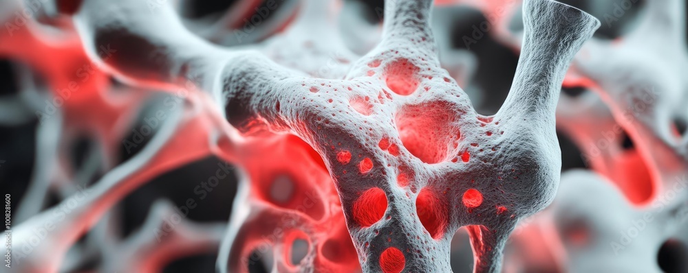 Aufkleber close-up of intricate cell structure with a vibrant red glow, representing biological processes at a
