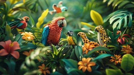A 3D cartoon jungle scene with various animals like parrots, snakes, and leopards interacting in their natural habitat 3D cartoon
